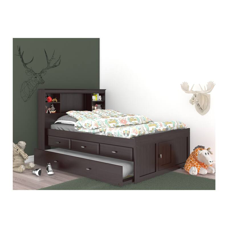 Full Size Bookcase Bed with Trundle - 3 Drawers, Dark Espresso Finish - Space Saving Bed Frame