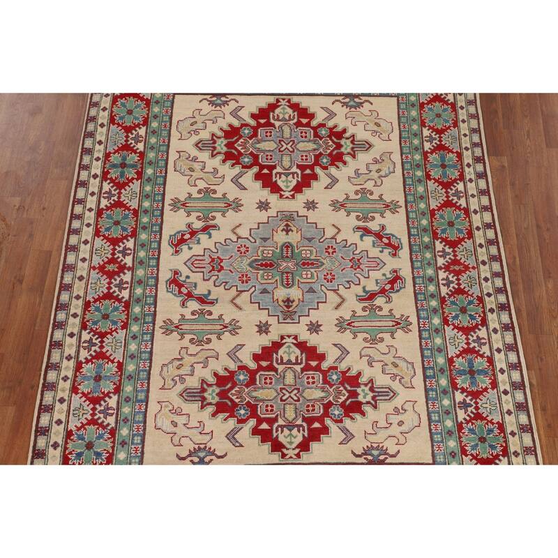 Hand Knotted Oriental 100% Wool Carpet Traditional Geometric Beige & Ivories Kazak Area Rug - 8' 0'' X 5' 8''