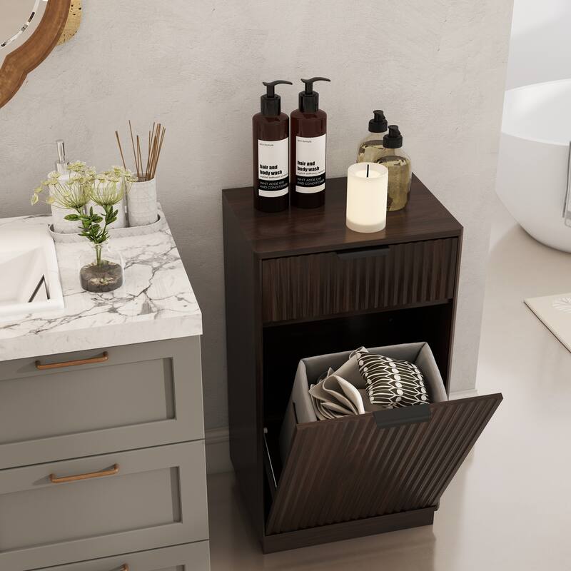 10-Gallon Woodgrain Tilt-Out Trash Can Cabinet with Wave-Textured Drawer & Pull-Out Bin - Multipurpose Kitchen/Bath Organizer