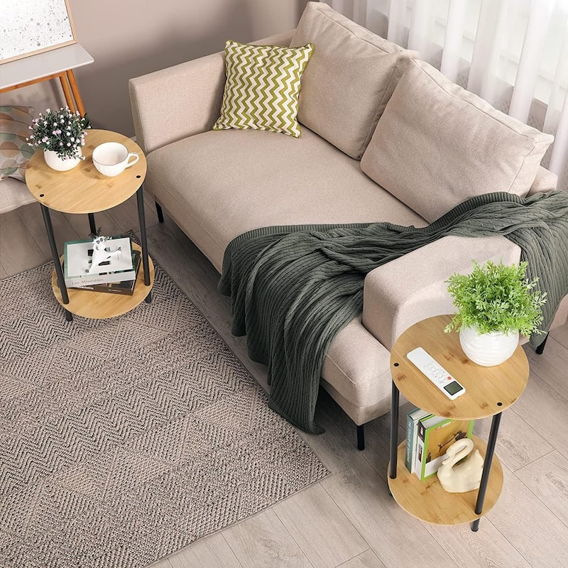 Small End Tables Living Room Set of 2 - Round - Natural