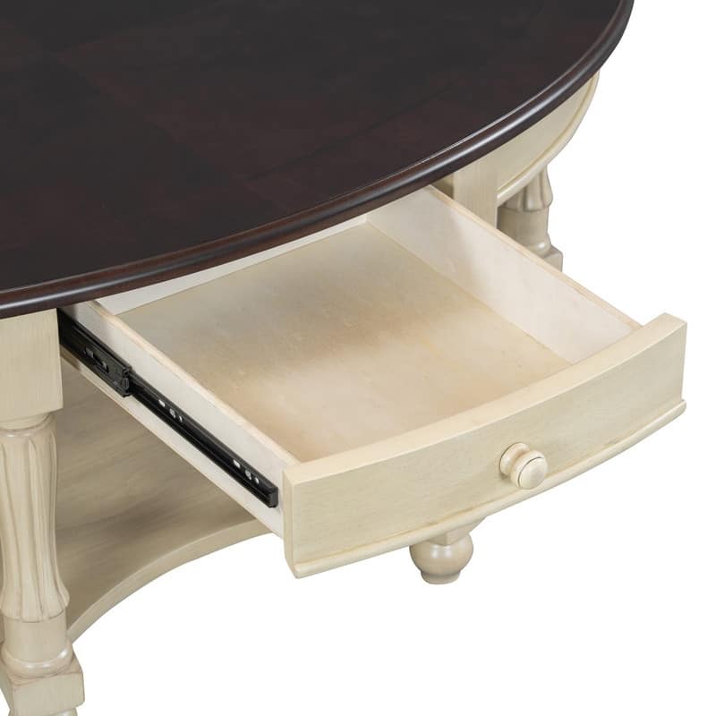 Vintage 45" Oval Coffee Table with Drawer and Storage Shelf, Elegant French Country Living Room Accent Table