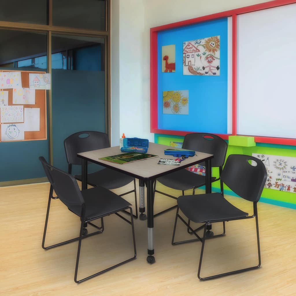 30 in. Square Height Adjustable Mobile Classroom Table - Maple & 4 Stack Chairs- Black