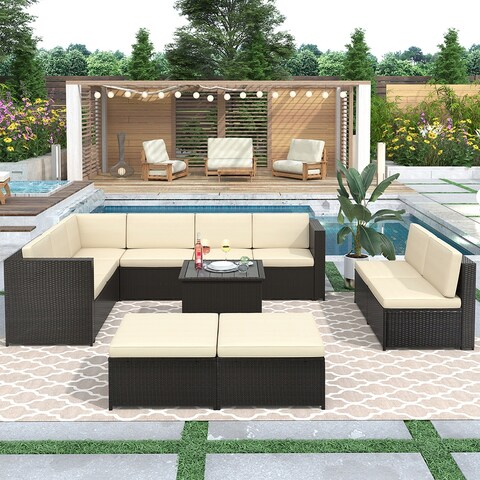 9-Piece Rattan Sectional Seating Group with Cushions and Ottoman