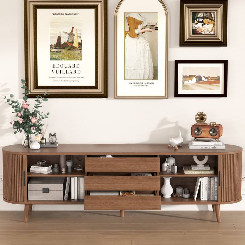 Gymojoy 71" Mid-Century Modern TV Stand, Walnut Media Console with Sliding Doors, Entertainment Center for TVs up to 80".