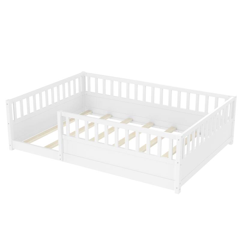 Full/Twin Montessori Floor Bed with Security Barrier & Door - Children's Wooden Bed Frame