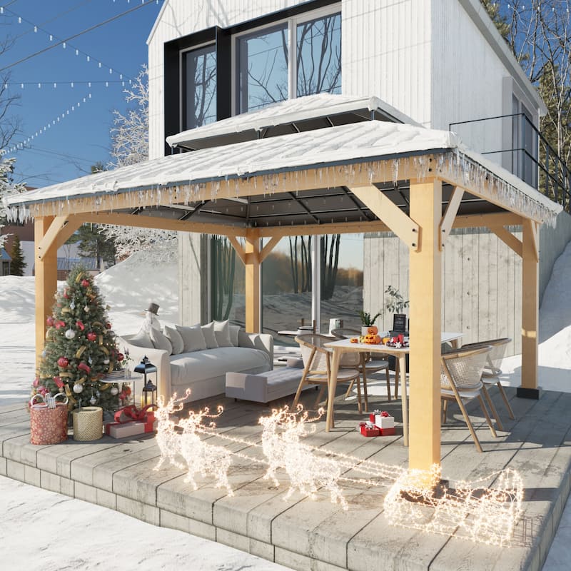 Cozywor 13 ft. x 11 ft. Wood Gazebo with Mosquito Netting Double Steel Roof Hardtop