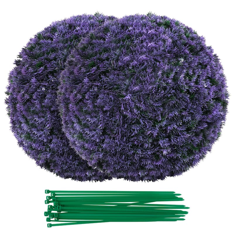 15" Diameter Artificial Lavender Topiary Balls Set of 2 Faux Boxwood Spheres for Outdoor Use - 12"Dia
