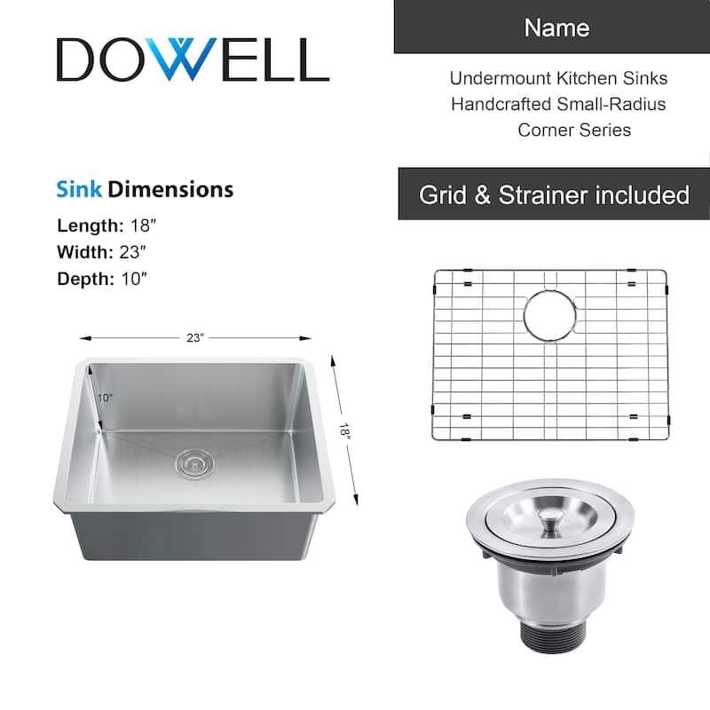 Dowell Undermount Single Bowl Stainless Steel Kitchen Sink - Small Radius Corners