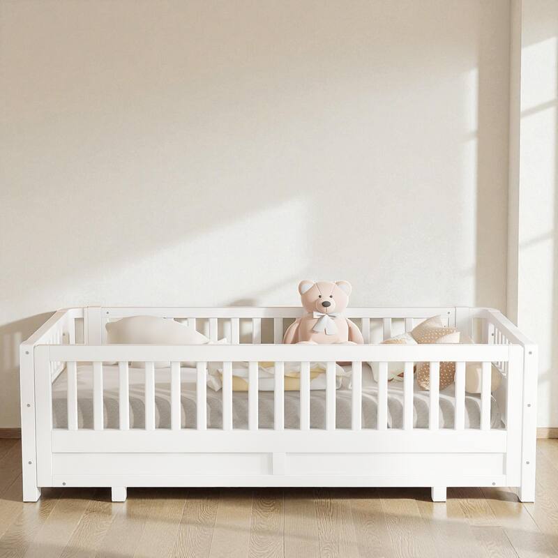 Convertible Twin/Twin XL Solid Wood Platform Bed with Guardrails, Expands to Double Twin or Queen Size, Durable Frame