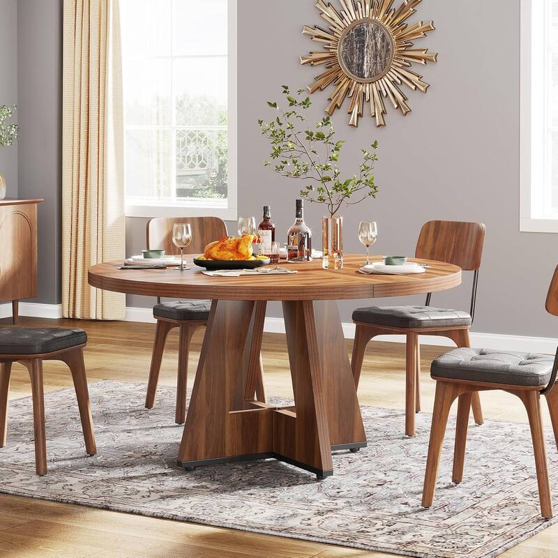 47" Round Wood Dining Table 4-Seater Farmhouse with Wooden Tabletop Cross Base for Dining Room/Kitchen