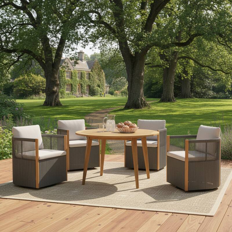 Christopher Knight Home - Nola 5-Piece Outdoor Acacia Wood Swivel Dining Set with Woven Rope Chairs & 47.25" Round Slat Table