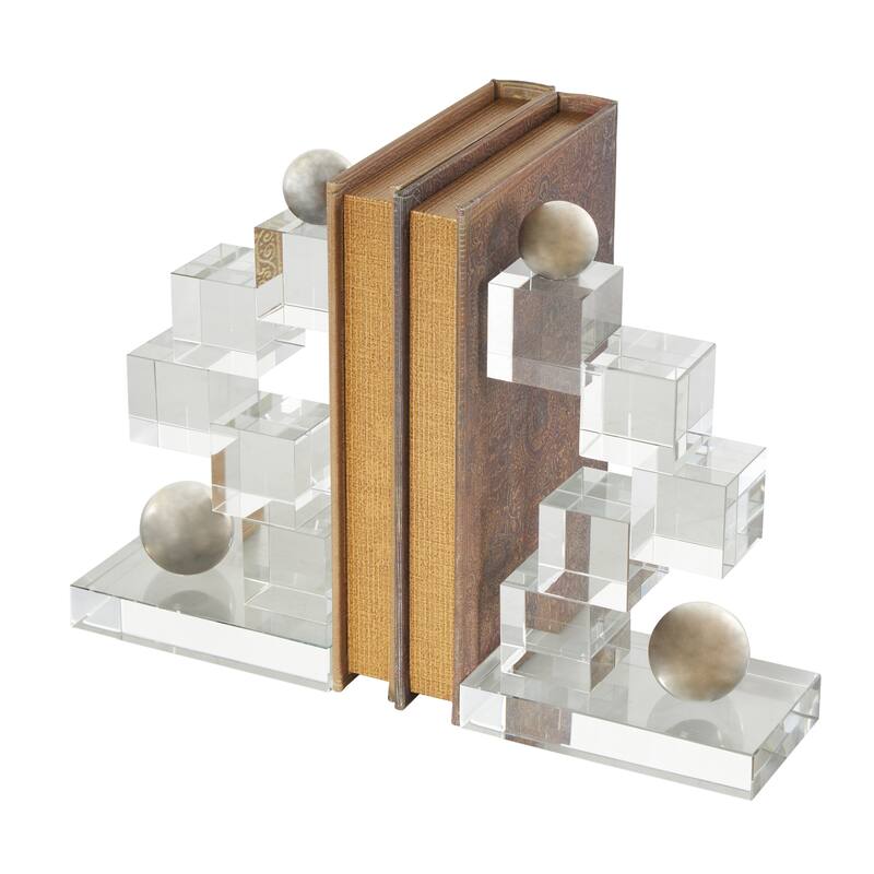 Clear Glass Stacked Squares Decorative Bookends with Silver Orbs (Set of 2)