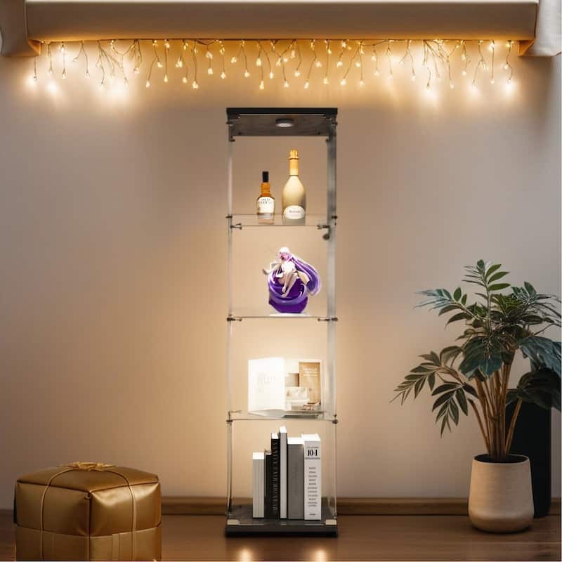 Lighted 4 Shelves Glass Cabinet Glass Display Cabinet with One Door