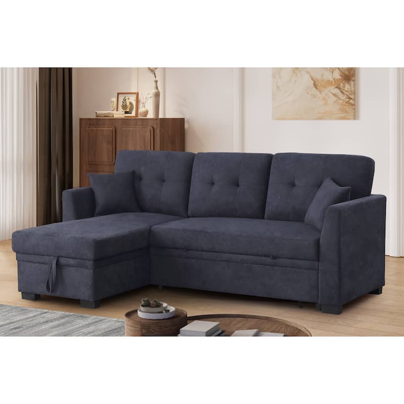 Sectional Sofa Bed, Dark Blue, Wood+Fabric, Space-saving