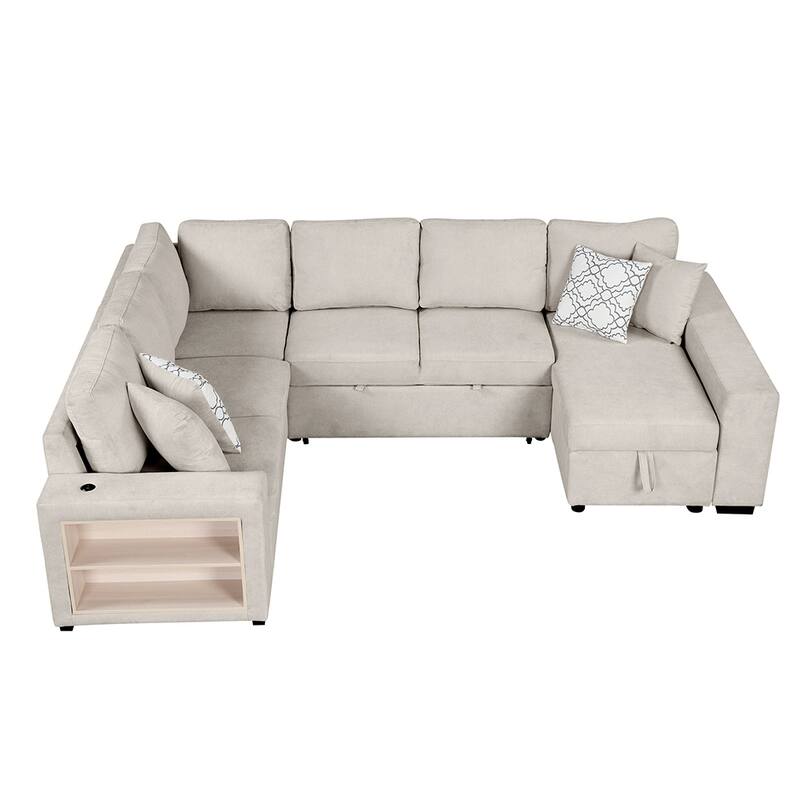109" U-Shape Sleeper Sectional with Storage Chaise, Dual USB & Pillows
