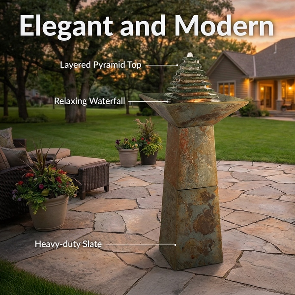Sunnydaze Layered Pyramid Slate Outdoor Fountain with LED Light