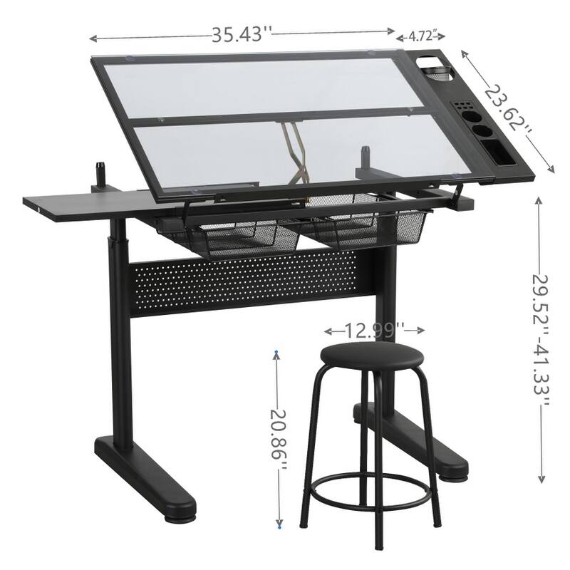 Hand Crank Adjustable Drafting Table Drawing Desk With 2 Metal Drawers (BLACK)WITH STOOL