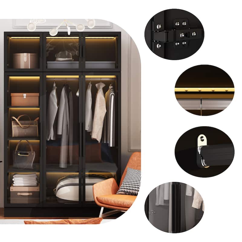 47.2" Wide Armoire LED Light All Glass Door Closet Cabinet Wardrobe