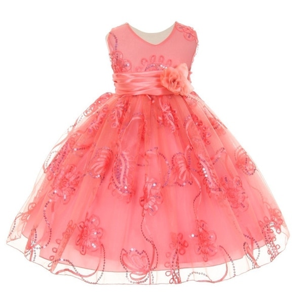 Baby Girls Coral Tulle Embroidery Sequins Flower Girl Easter Dress 3-24M