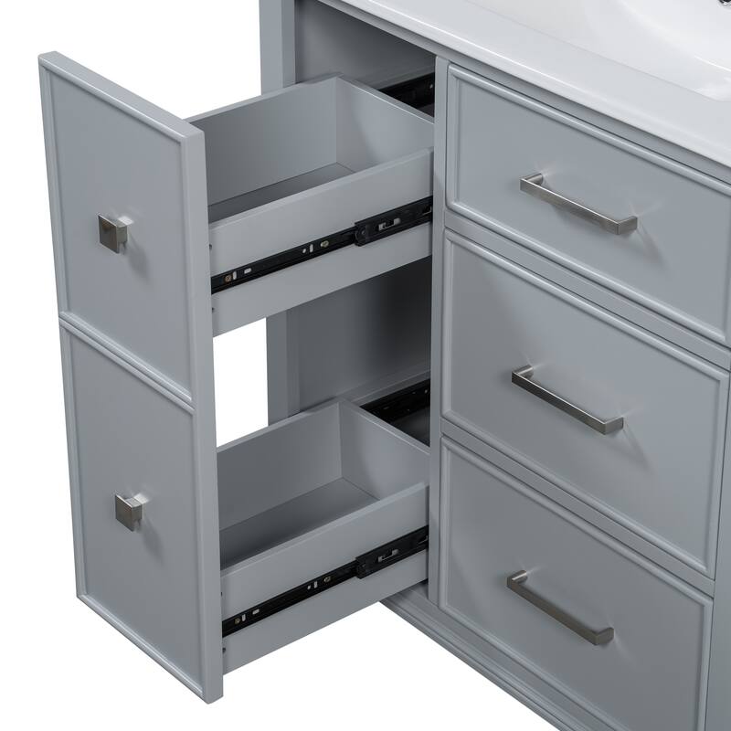 Freestanding Bathroom Vanity with Drop-In Rectangular Ceramic Sink, Flip-Out Drawer, Soft-Close Drawers and Solid Wood Legs