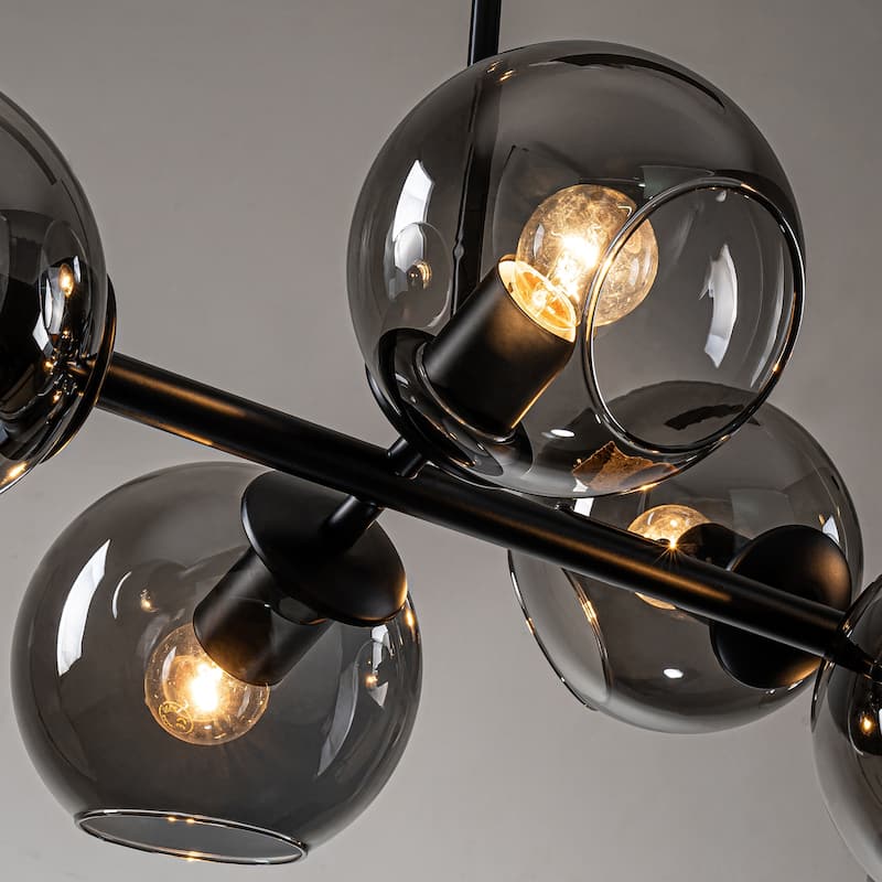 8-Light Modern Linear Glass Kitchen Island Pendant Sputnik Chandelier with Black Smoke Glass Globe