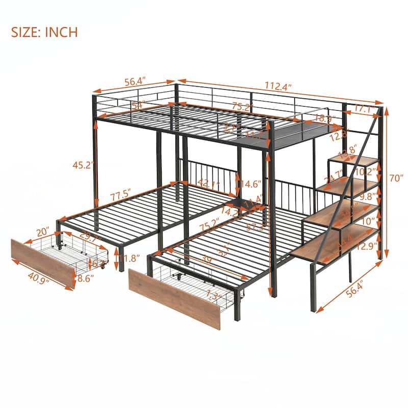 Full over Twin-Twin Triple bunk bed with drawers, Black