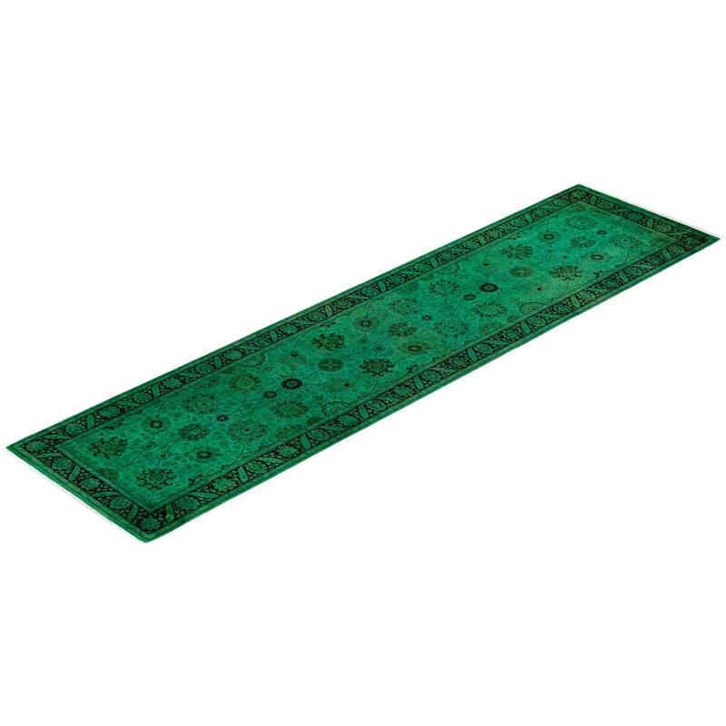Overton Hand Knotted Wool Vintage Inspired Modern Contemporary Overdyed Green Area Rug - 3' 1" x 12' 3"