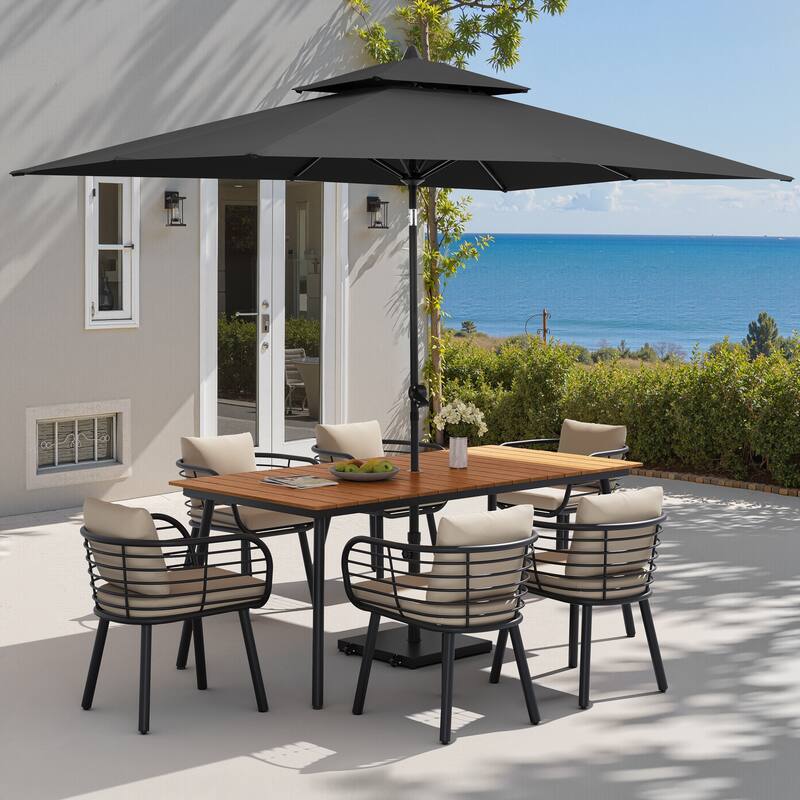 9PC Outdoor Patio Dining Set Aluminum Table with Sunbrella Cushion Chairs w/ Premium Market Umbrella Sets - BrownTable&CabChairs&BlackUmbrella