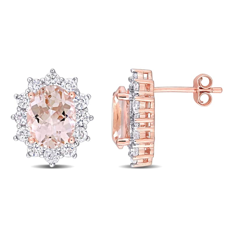 Miadora Rose Plated Sterling Silver Simulated Morganite & Cubic Zirconia Halo Floral Stud Earrings - 11.8mm x 5.4mm