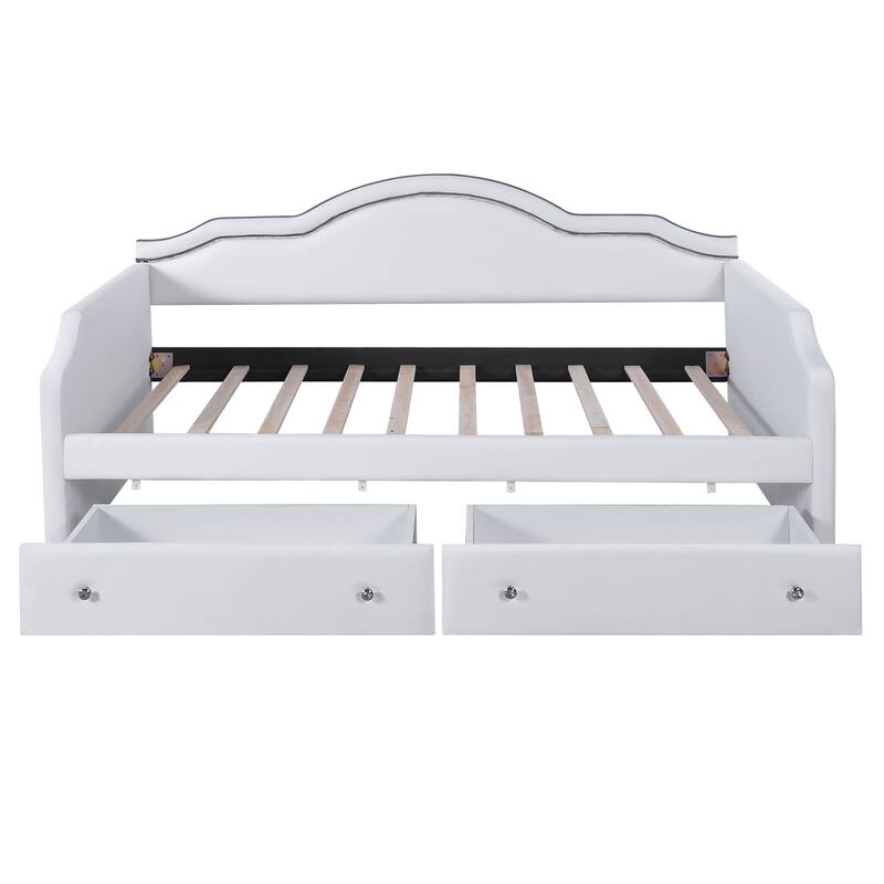Upholstered Daybed with 2 Drawers, Wave Backrest Frame with Ambient Lighting, No Box Spring Needed Storage Sofa Bed