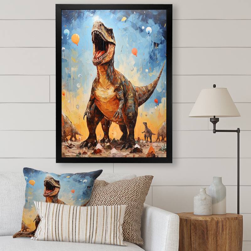 Designart "Pop Art Dino Explosion" Dinosaur Wall Decor Grey - Modern Hallway Framed Wall Art Decor - 16 in. wide x 32 in. high - Black