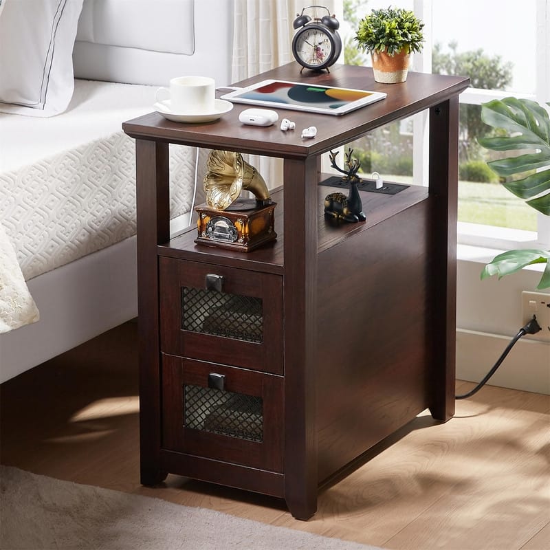 End Table with Charging Station - 13.78"D x 23.6"W x 24.8"H - Cherry