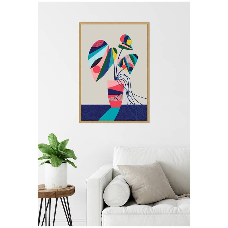 Kate and Laurel Sylvie MCM Blue and Pink Monstera Framed Canvas by Rachel Lee