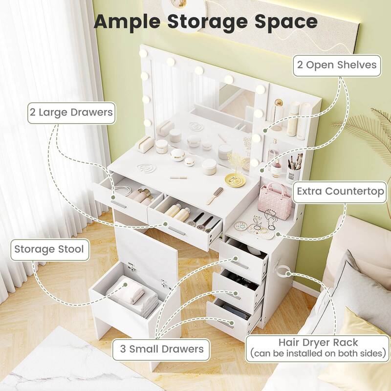 Costway 43.5" Makeup Table Set Vanity Desk with Storage Stool Power - See Details
