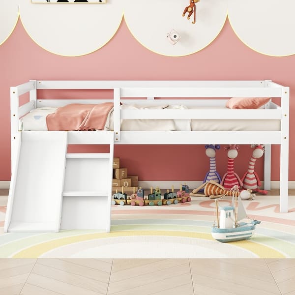 slide 2 of 31, Twin Pine Wood Low Loft Bed with Slide, Ladder, Safety Guardrails White - Twin