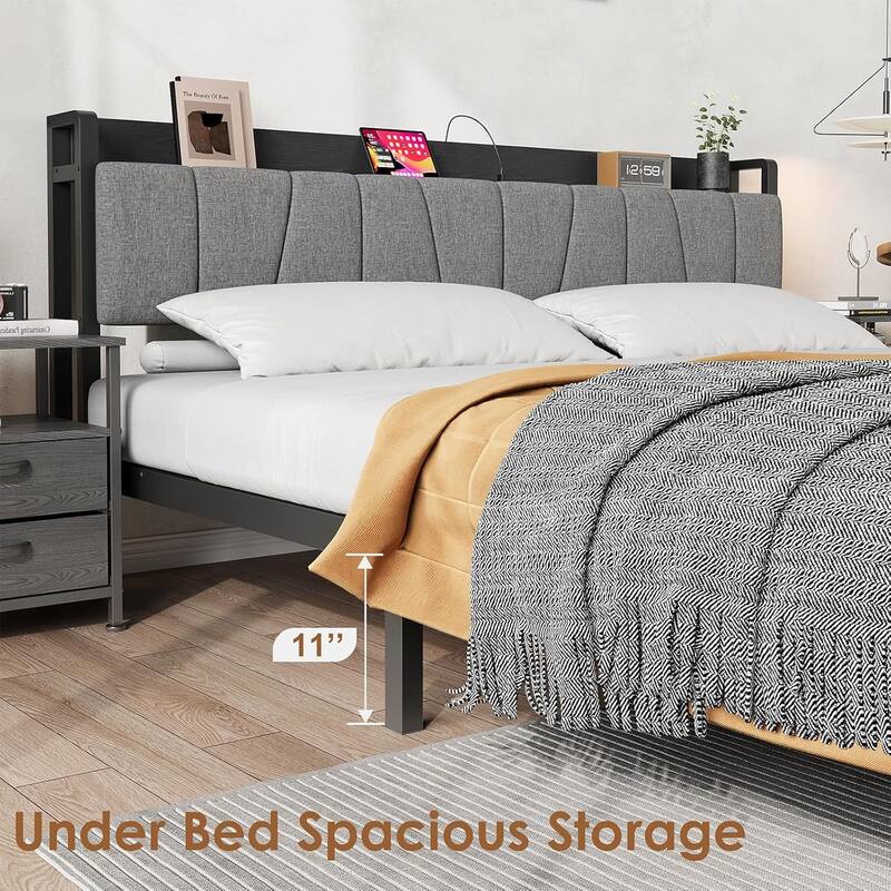 Bed Frame with Storage Headboard, Industrial Platform Bed with 2 Large Drawers and Charging Station, Black