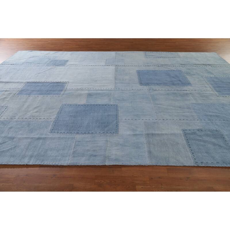 Blue Geometric Kilim Turkish Area Rug Hand-Woven Silk Carpet - 9'10"x 12'11"