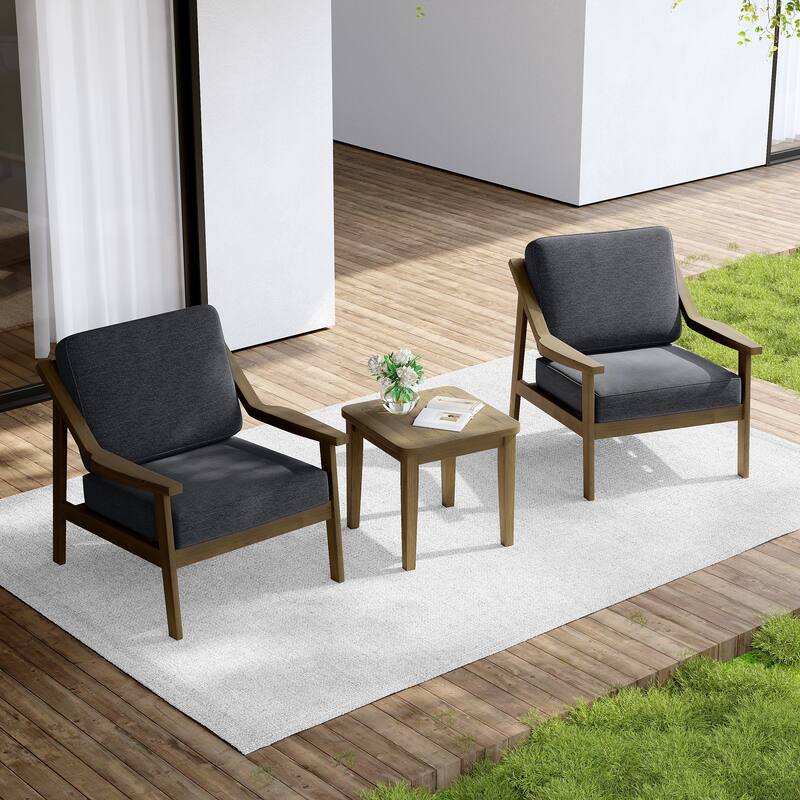Outdoor Wood Cushioned Patio Set of 2 Accent Chair with Side Table