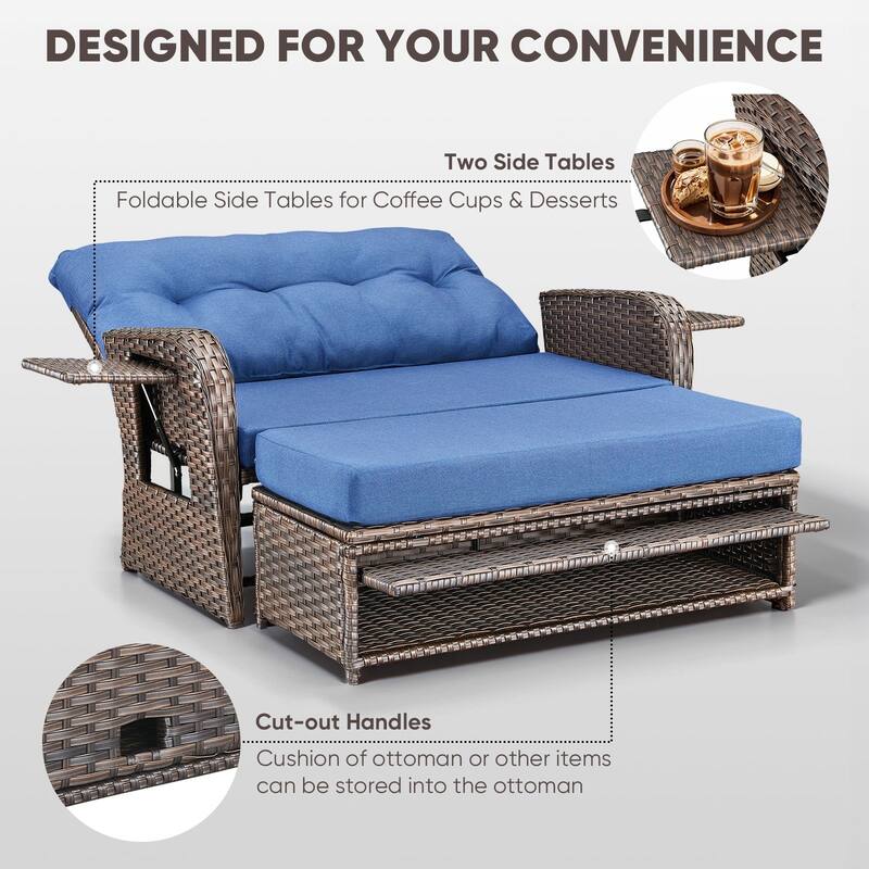 Chaise Lounge Outdoor Double PE Wicker Rattan Patio Reclining Chair - Brown