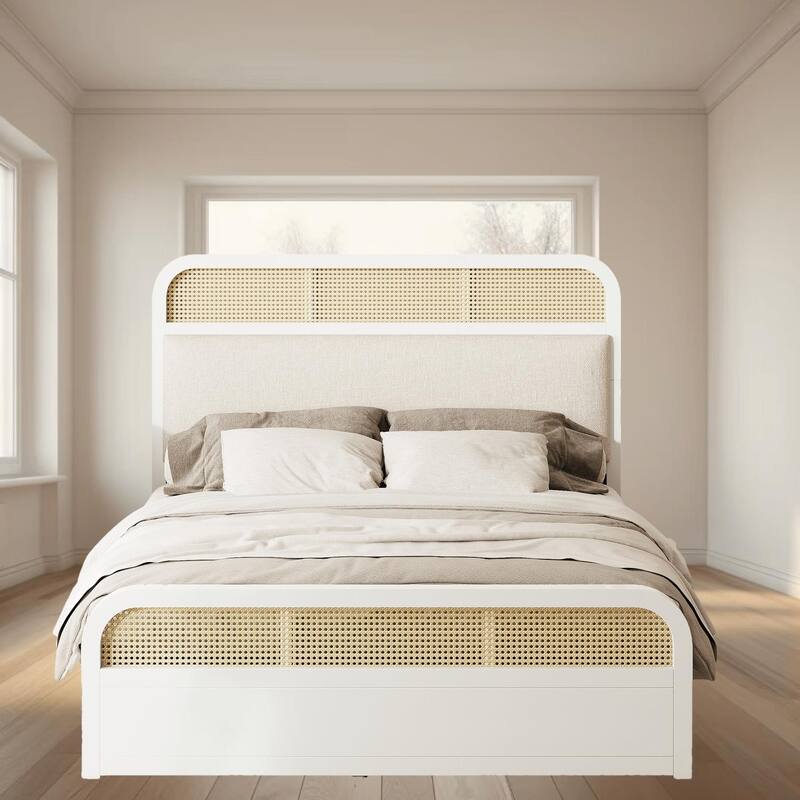 Queen Size Wooden Platform Bed Frame with Twin Size Trundle and 2 Storage Drawers for Bedroom Extra Sleep and Storage Space