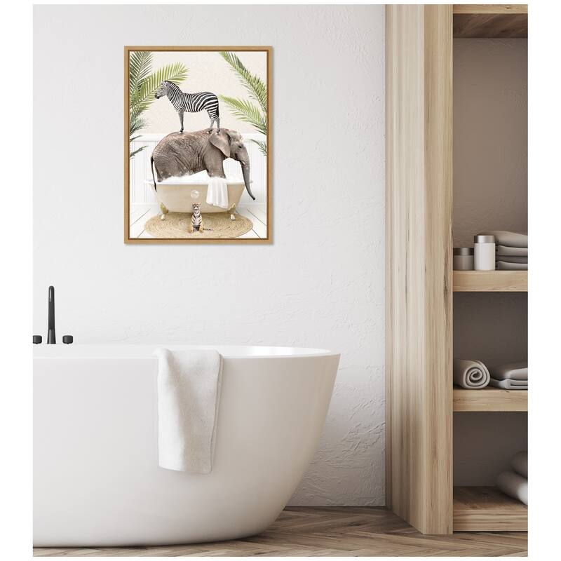 Kate and Laurel Sylvie Safari Animals in Palm Bath Framed Canvas by Amy Peterson