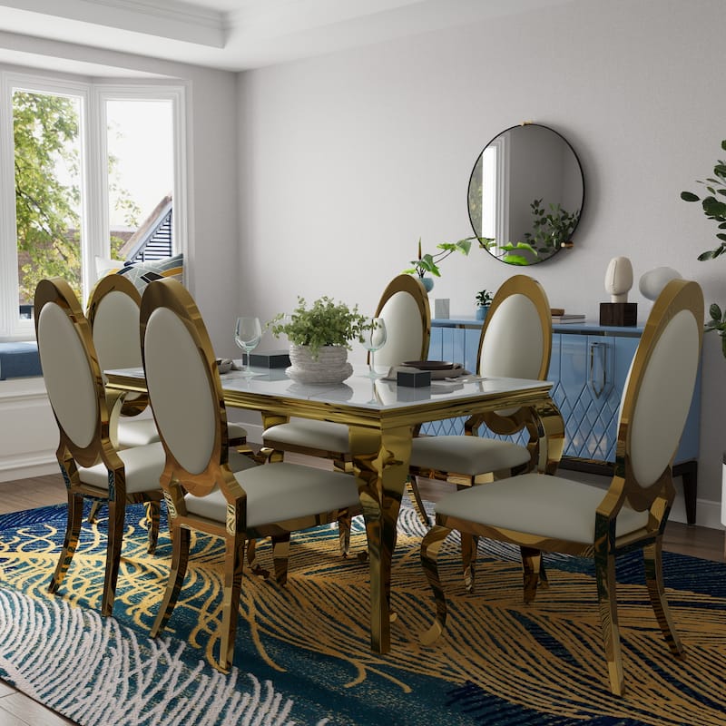 Luxury White Glass Dining Room Table Set with PU Leather Dining Chairs - White - Table with 6 Chairs
