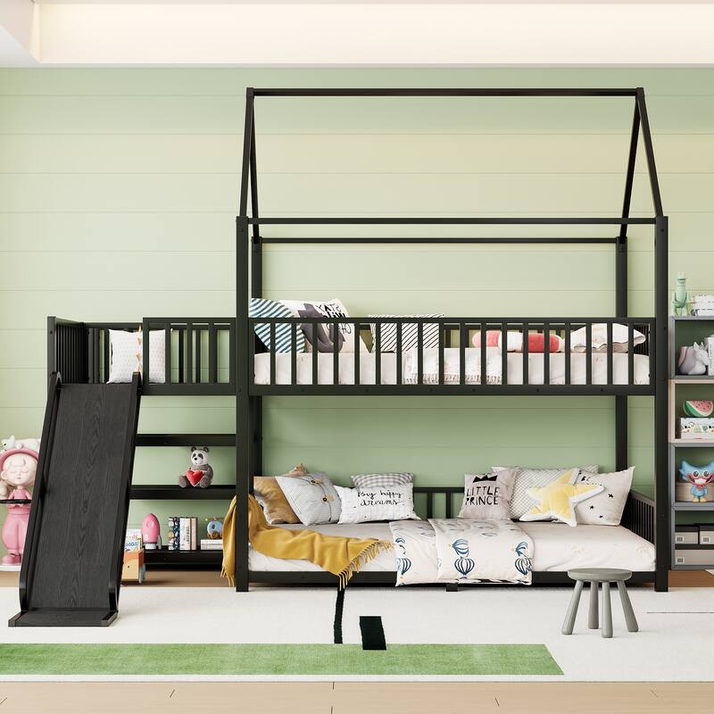 House Themed Bunk Bed with Storage Stairs, Slide and Safety Guardrails