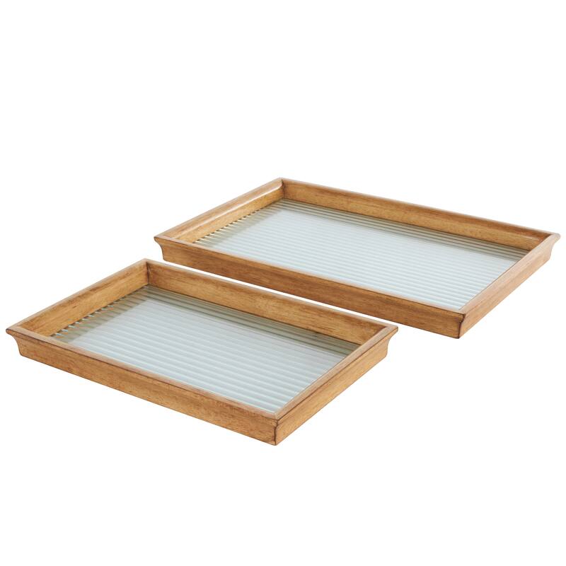 Brown Wood Nesting Living Room Decor Tray with Fluted Glass Bases (Set of 2)