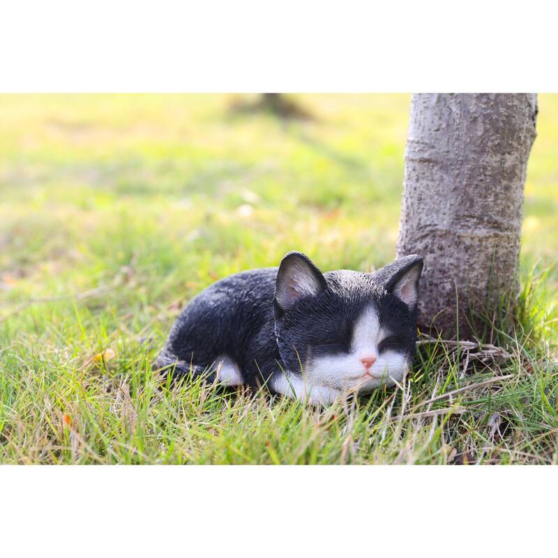 "7 Black and White Kitten Sleeping Outdoor Garden Figurine"