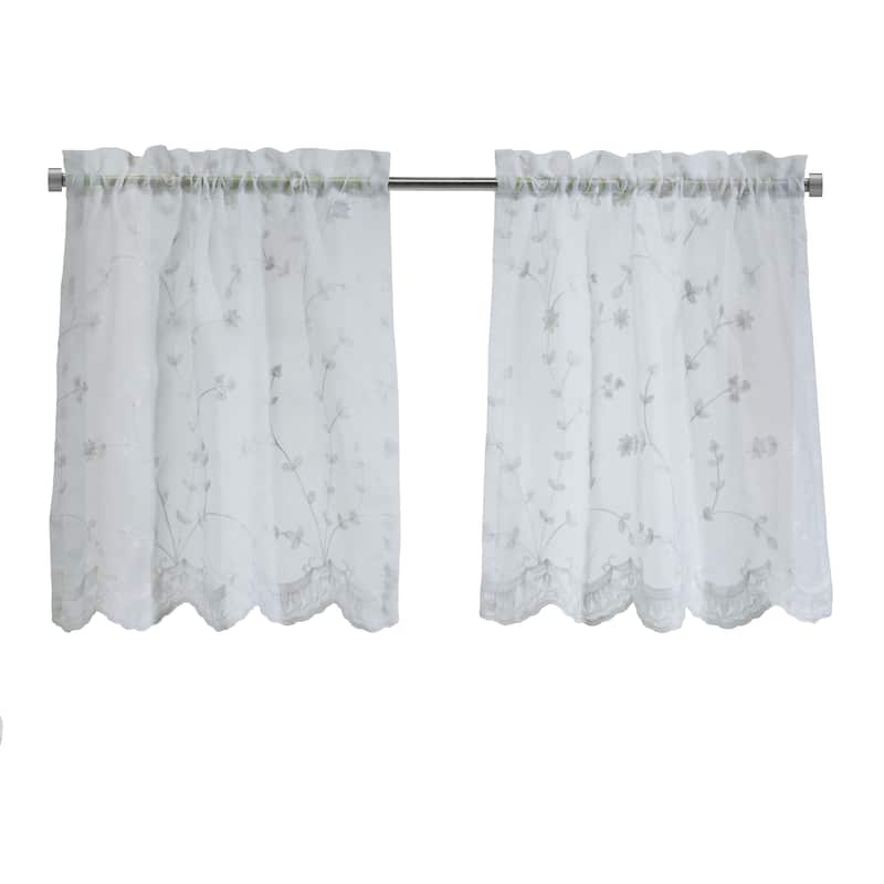 Grandeur Embroidered Sheer Curtain Valance and Tiers with Scallop Detail