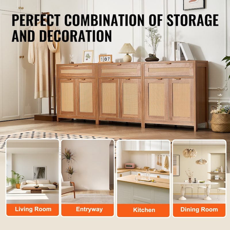 Buffet Cabinet, Rattan Cabinet with Storage 90inch, Storage Cabinet with 6 Magnetic Doors and Adjustable Shelves Set of 3, Side