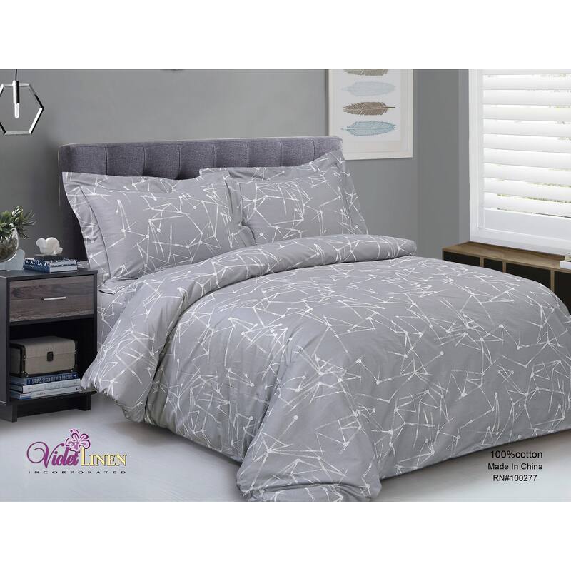 Violet Linen French Chain Stripe Pattern, Luxury 200 Thread Count Cotton Percale, Grey, 6 Piece, Bedding Duvet Cover Set - Twin - Twin XL