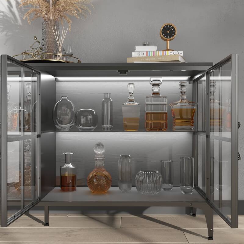 63" Black Glass Door Sideboard Cabinet with LED Lights, Metal Frame Storage Buffet Cabinet Wine Cabinet