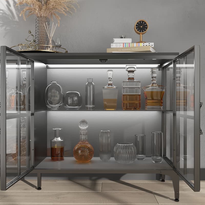 Buffet LED Light Industrial Glass Sideboard with Metal Frame and Tempered Glass Doors